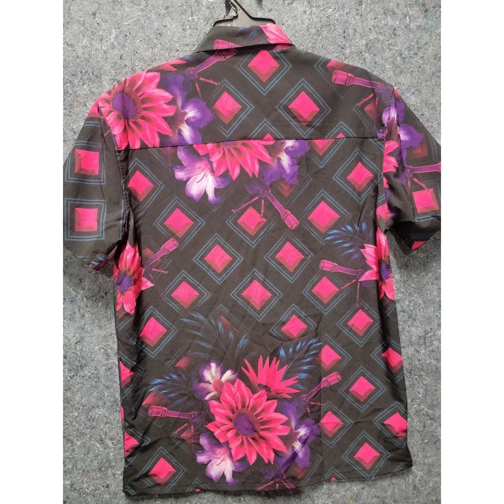 Retro Rifle Pink/Blue/Black Short Sleeve Button Down‎ Shirt Size M